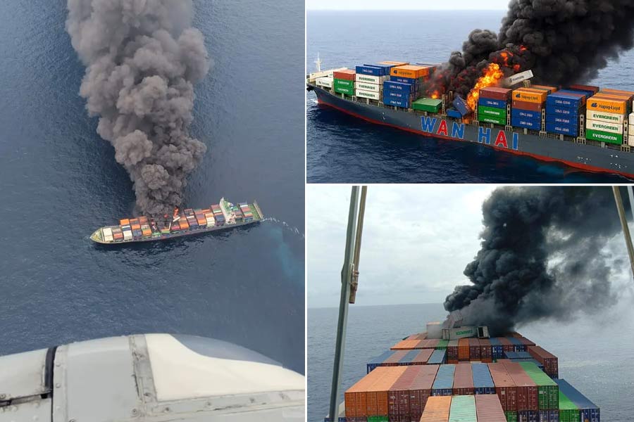 കത്തിയമർന്ന് കപ്പൽ; 18 നാവികരെ മംഗളൂരുവിൽ എത്തിച്ചു; കാണാതായ 4 പേർക്കായി തിരച്ചിൽ