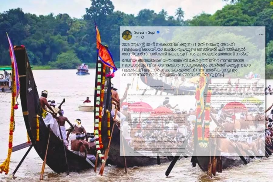 നെഹ്‌റു ട്രോഫി വള്ളംകളിക്കായി 50 ലക്ഷം രൂപയുടെ കേന്ദ്ര ധനസഹായം.