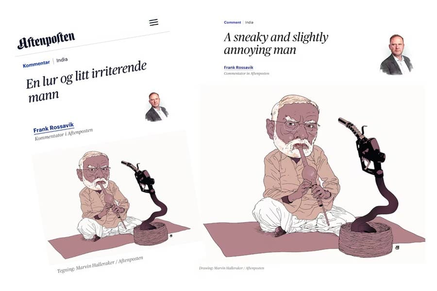 modi-cartoon-aftenpoften മോദിയെ അധിക്ഷേപിച്ച് നോർവേ പത്രം, 'പാമ്പാട്ടി'യായി ചിത്രീകരിച്ചു കാർട്ടൂൺ.