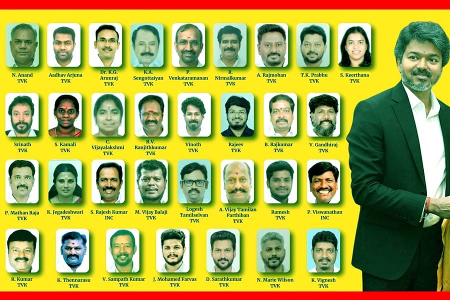 5 പതിറ്റാണ്ടിന് ശേഷം തമിഴ്‌നാട്ടിൽ 2 കോൺഗ്രസ് മന്ത്രിമാർ; 21 ടിവികെ എംഎല്‍എമാരും മന്ത്രിമാരായി സത്യപ്രതിജ്ഞ ചെയ്തു.