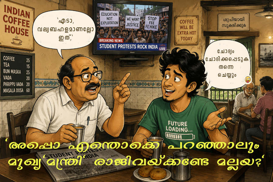 appukkuttanum kuttappayum "അപ്പൊ എന്തൊക്കെ പറഞ്ഞാലും മുഖ്യ 'മന്ത്രി' രാജിവയ്ക്കണ്ടേ മല്ലയ“!