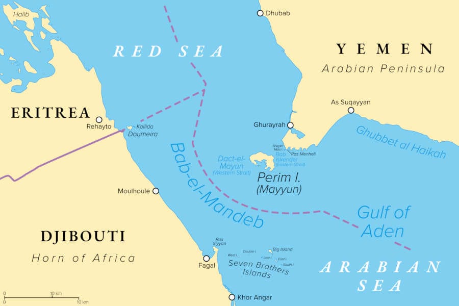 bab al mandeb strait yemen map ചെങ്കടലിൽ 2 ദ്വീപുകൾ കൂടി ഹൂതികൾ പിടിച്ചു: സൗദിയിൽ വീണ്ടും ആക്രമണം; ഇടപെടാതെ യു എസ്